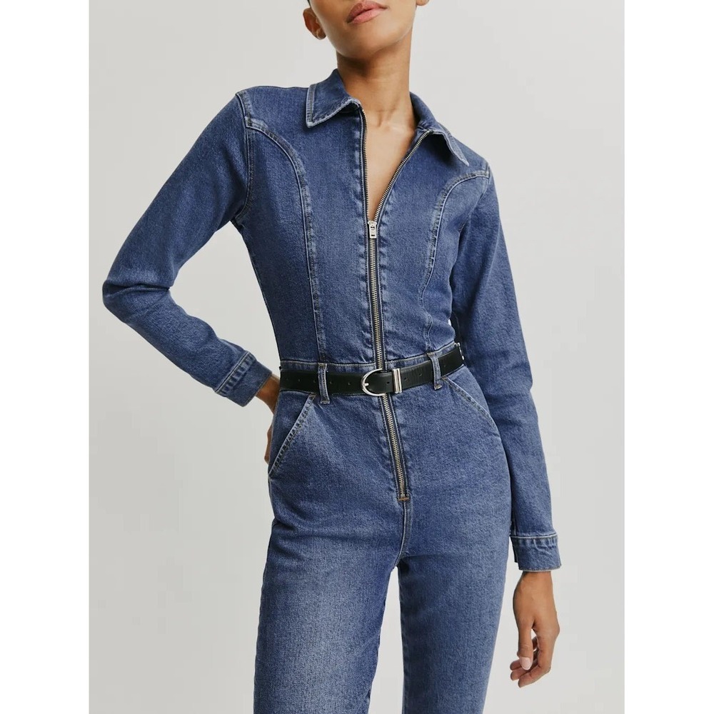 NEW Reformation Talia Retro Flare Denim Front‎ Zip Jumpsuit Size 8